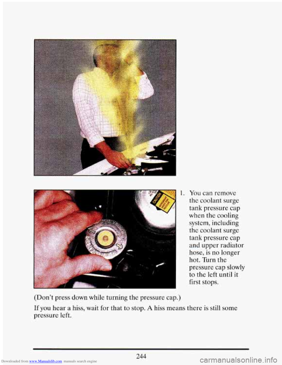 CADILLAC ELDORADO 1993 10.G Owners Manual Downloaded from www.Manualslib.com manuals search engine - 
-i i 
You can  remove 
the  coolant  surge 
tank  pressure  cap 
when  the cooling 
system,  including 
the  coolant  surge 
tank  pressure