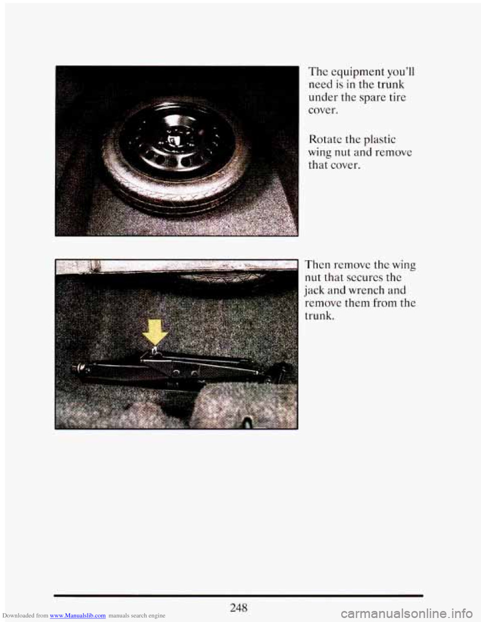 CADILLAC ELDORADO 1993 10.G Owners Manual Downloaded from www.Manualslib.com manuals search engine The  equipment you’ll 
need is in the trunk 
under  the  spare  tire 
cover. 
I Rotate  the  plastic 
wing 
nut and  remove 
that  cover. 
Th