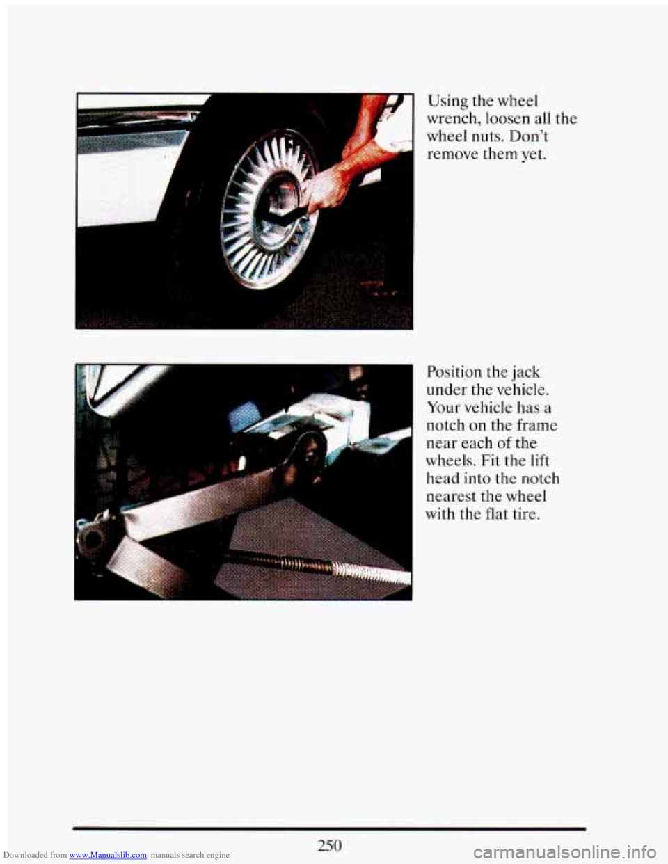 CADILLAC ELDORADO 1993 10.G Owners Manual Downloaded from www.Manualslib.com manuals search engine .. Using the wheel 
wrench,  loosen all  the 
wheel  nuts. 
Dont 
remove  them  yet. 
Position 
the jack 
under  the  vehicle. 
Your  vehicle 