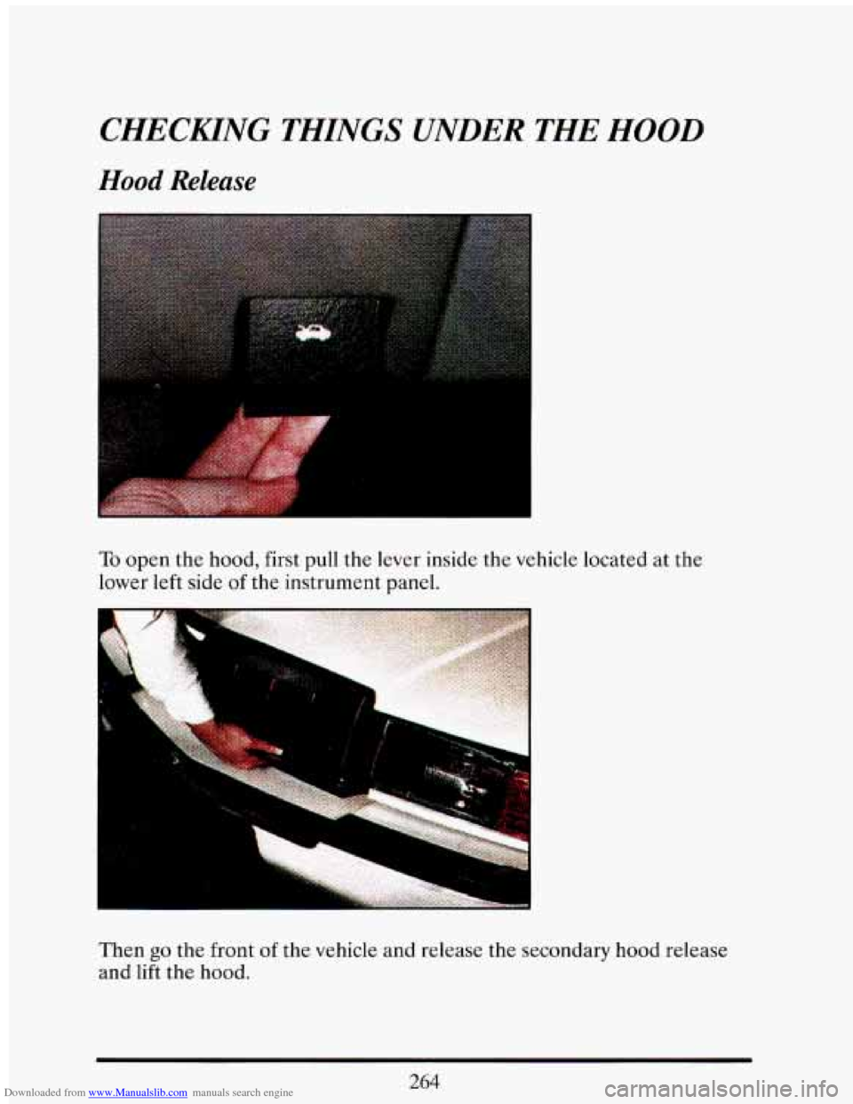 CADILLAC ELDORADO 1993 10.G Owners Manual Downloaded from www.Manualslib.com manuals search engine CHECKZNG TH%NGS UNDER THE HOOD
Hood Release
I
. ..
I
To open the hood, first pull the lever inside the vehicle located at the
lowe CADILLAC ELDORADO 1993 10.G Owners Manual Downloaded from www.Manualslib.com manuals search engine CHECKZNG TH%NGS UNDER THE HOOD
Hood Release
I
. ..
I
To open the hood, first pull the lever inside the vehicle located at the
lowe
