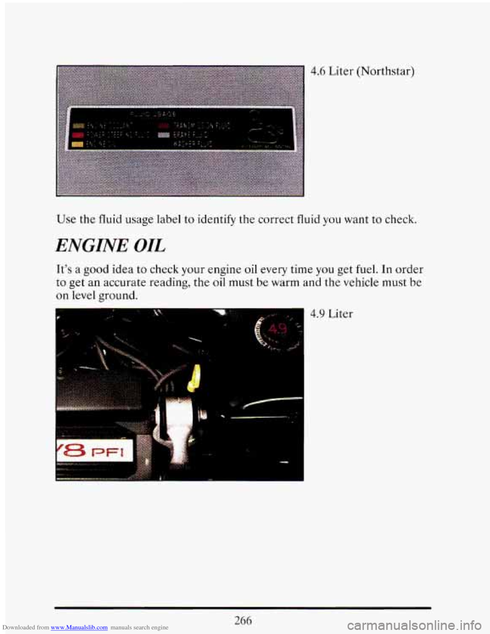 CADILLAC ELDORADO 1993 10.G Owners Manual Downloaded from www.Manualslib.com manuals search engine 4.6 Liter (Northstar)
Use the fluid usage label to identify the correct fluid
you want to check.
ENGINE OIL
Its a good idea to check CADILLAC ELDORADO 1993 10.G Owners Manual Downloaded from www.Manualslib.com manuals search engine 4.6 Liter (Northstar)
Use the fluid usage label to identify the correct fluid
you want to check.
ENGINE OIL
Its a good idea to check