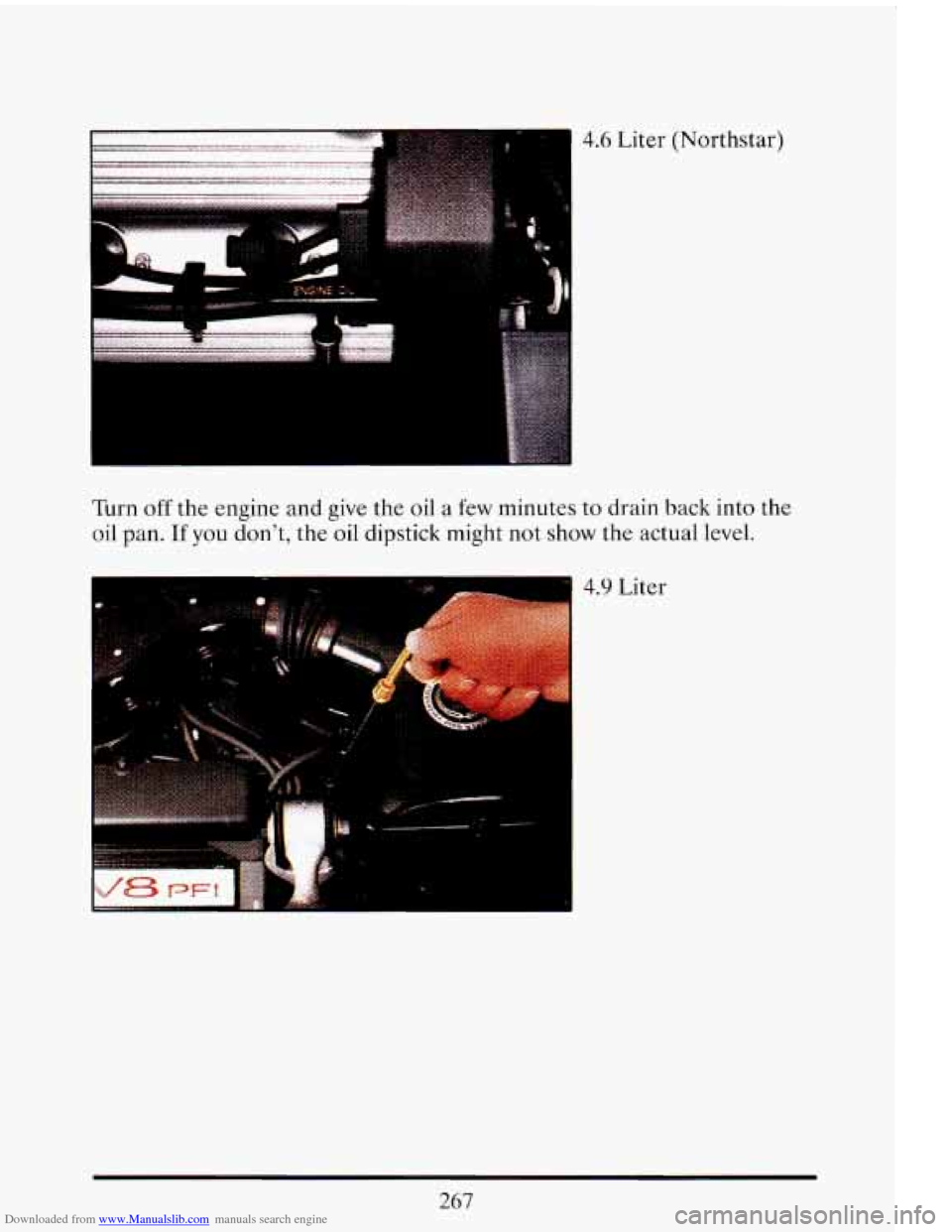 CADILLAC ELDORADO 1993 10.G Owners Manual Downloaded from www.Manualslib.com manuals search engine Turn off the engine and give the oil a few minutes to drain back into the
oil pan. If you dont, the oil dipstick might not show the CADILLAC ELDORADO 1993 10.G Owners Manual Downloaded from www.Manualslib.com manuals search engine Turn off the engine and give the oil a few minutes to drain back into the
oil pan. If you dont, the oil dipstick might not show the