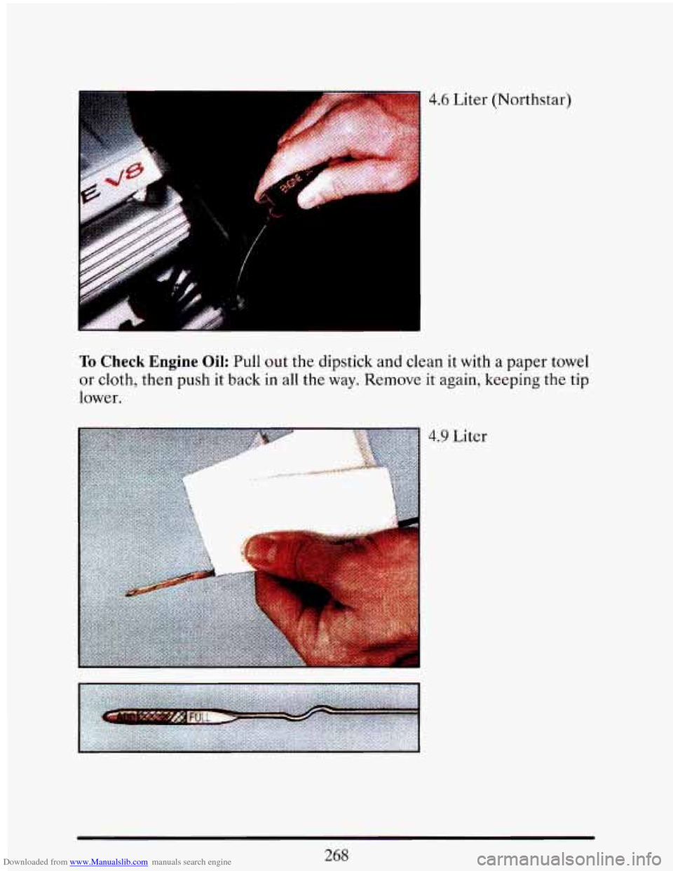 CADILLAC ELDORADO 1993 10.G Owners Manual Downloaded from www.Manualslib.com manuals search engine 4.6 Liter (Northstar)
To Check Engine Oil: Pull out the dipstick and clean it with a paper towel
or cloth, then push it back in all th CADILLAC ELDORADO 1993 10.G Owners Manual Downloaded from www.Manualslib.com manuals search engine 4.6 Liter (Northstar)
To Check Engine Oil: Pull out the dipstick and clean it with a paper towel
or cloth, then push it back in all th