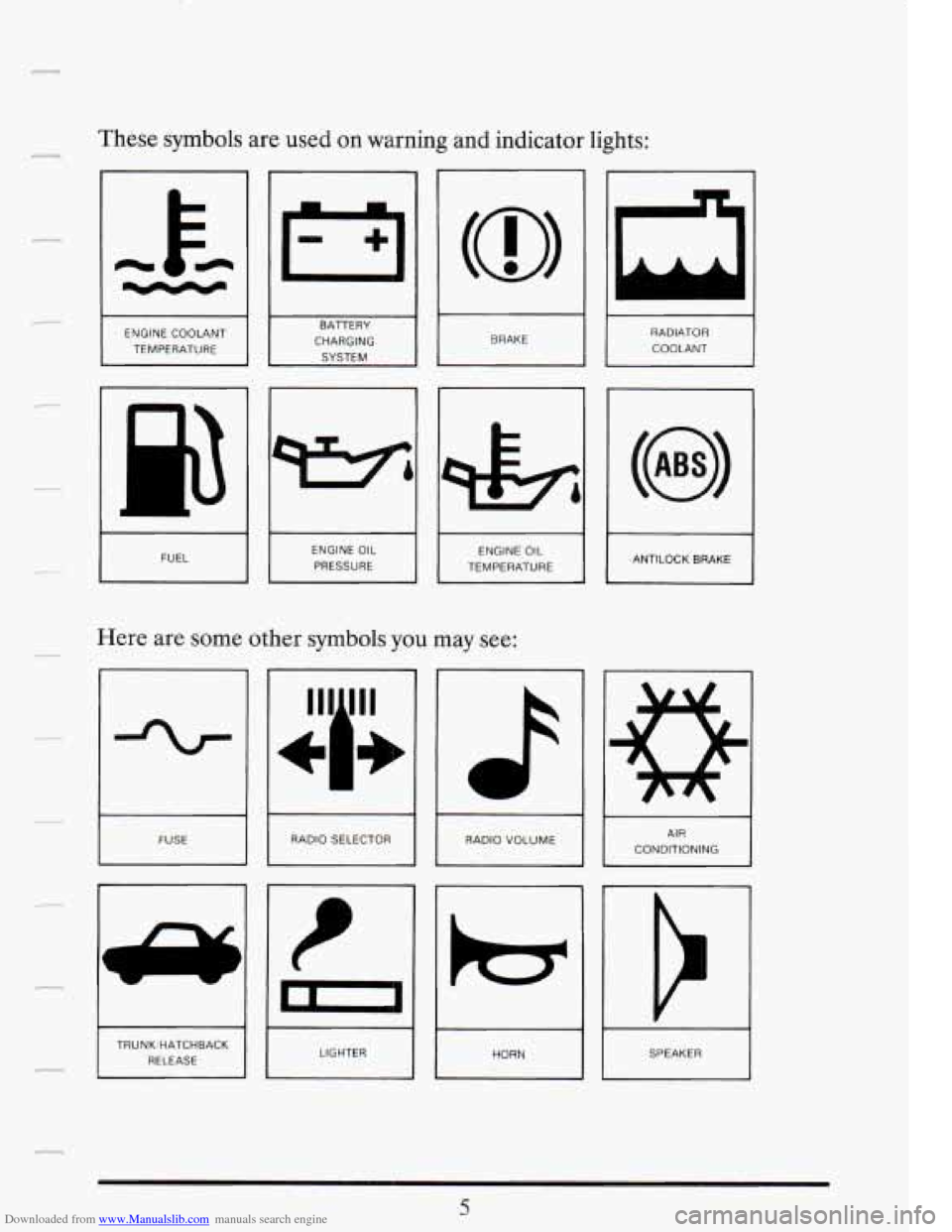 CADILLAC FLEETWOOD 1993 2.G User Guide Downloaded from www.Manualslib.com manuals search engine These symbols  are used  on  warning  and  indicator  lights: 
I- I 
I I BRAKE I 
ENGINE  COOLANT 
TEMPERATURE I 
RADIATOR COOLANT 
CHARGING 
I