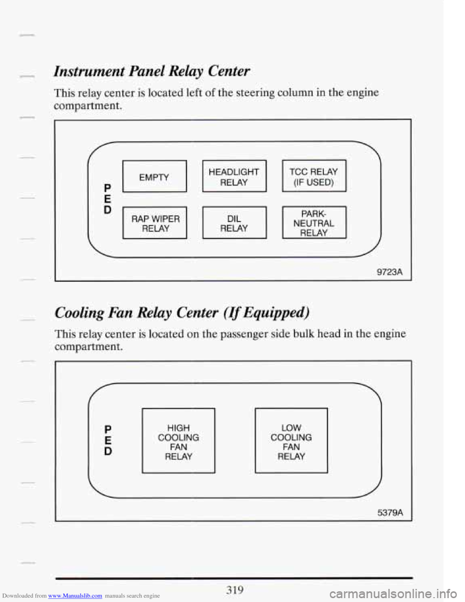 CADILLAC FLEETWOOD 1993 2.G Owners Manual Downloaded from www.Manualslib.com manuals search engine Instrument Panel Relay Center
This relay center is located left of the steering column
compartment. in
the engine
1 EMPTY 1 I RELA CADILLAC FLEETWOOD 1993 2.G Owners Manual Downloaded from www.Manualslib.com manuals search engine Instrument Panel Relay Center
This relay center is located left of the steering column
compartment. in
the engine
1 EMPTY 1 I RELA