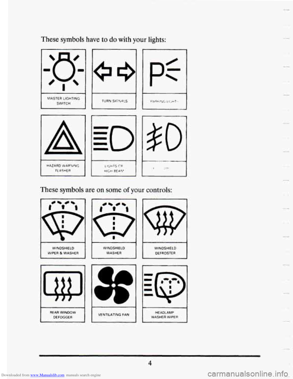 CADILLAC SEVILLE 1993 4.G User Guide Downloaded from www.Manualslib.com manuals search engine These  symbols have to do with  your  lights: 
MASTER LIGHTING 
SWITCH 
A $0 
HAZARD WARNIYG 
FLASHER I 
These  symbols are on some of your  co