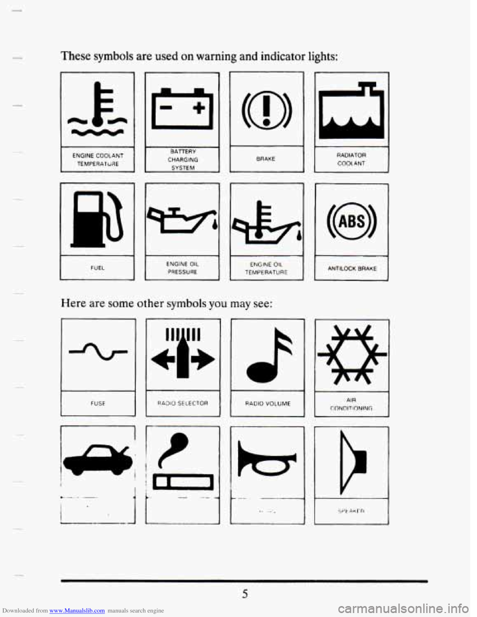 CADILLAC SEVILLE 1993 4.G User Guide Downloaded from www.Manualslib.com manuals search engine These symbols are used on warning  and  indicator  lights: 
I 
I 
BRAKE 
I 
ENGINE  COOLANT 
TEMPERATURE  RADIATOR COOL ANT 
CHAAGlNG 
I FUEL E