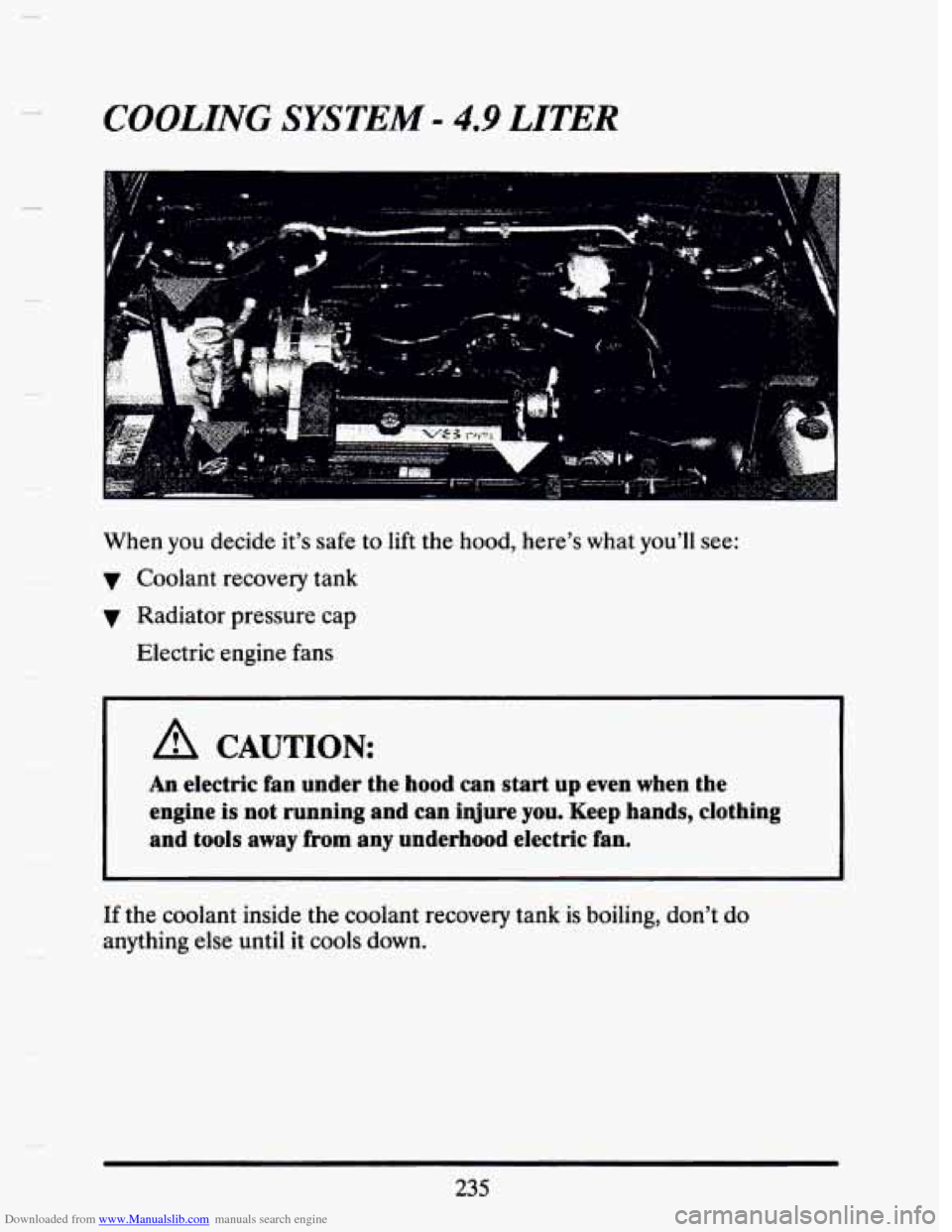 CADILLAC SEVILLE 1993 4.G Owners Manual Downloaded from www.Manualslib.com manuals search engine COOLING SYSTEM - 4.9 LITER 
When you decide  its safe  to lift the hood, heres  what  youll  see: 
v Coolant recovery  tank 
v Radiator pres