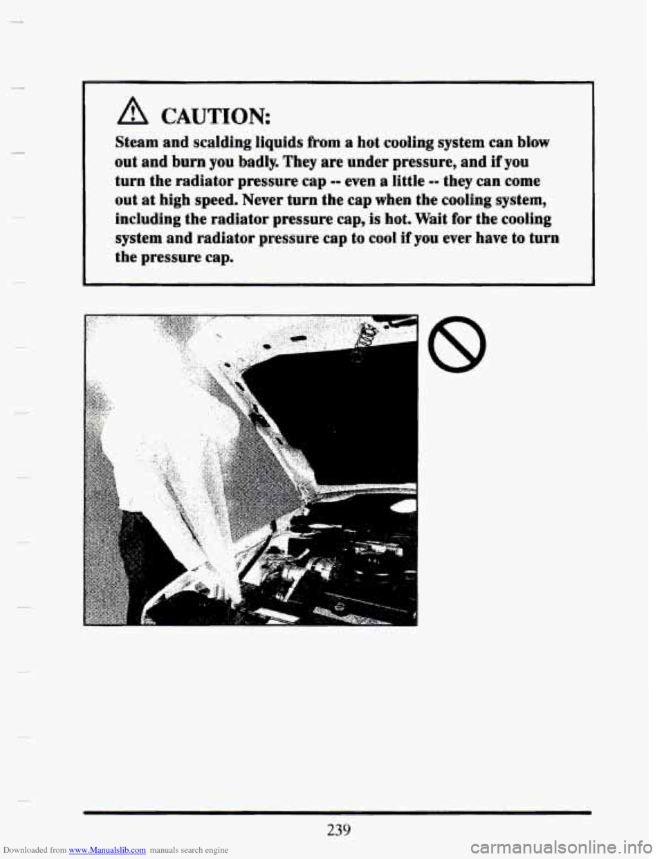 CADILLAC SEVILLE 1993 4.G Owners Manual Downloaded from www.Manualslib.com manuals search engine A CAUTION: 
Steam and scalding liquids from a  hot  cooling  system  can blow 
out and  burn you badly.  They  are under  pressure,  and if you