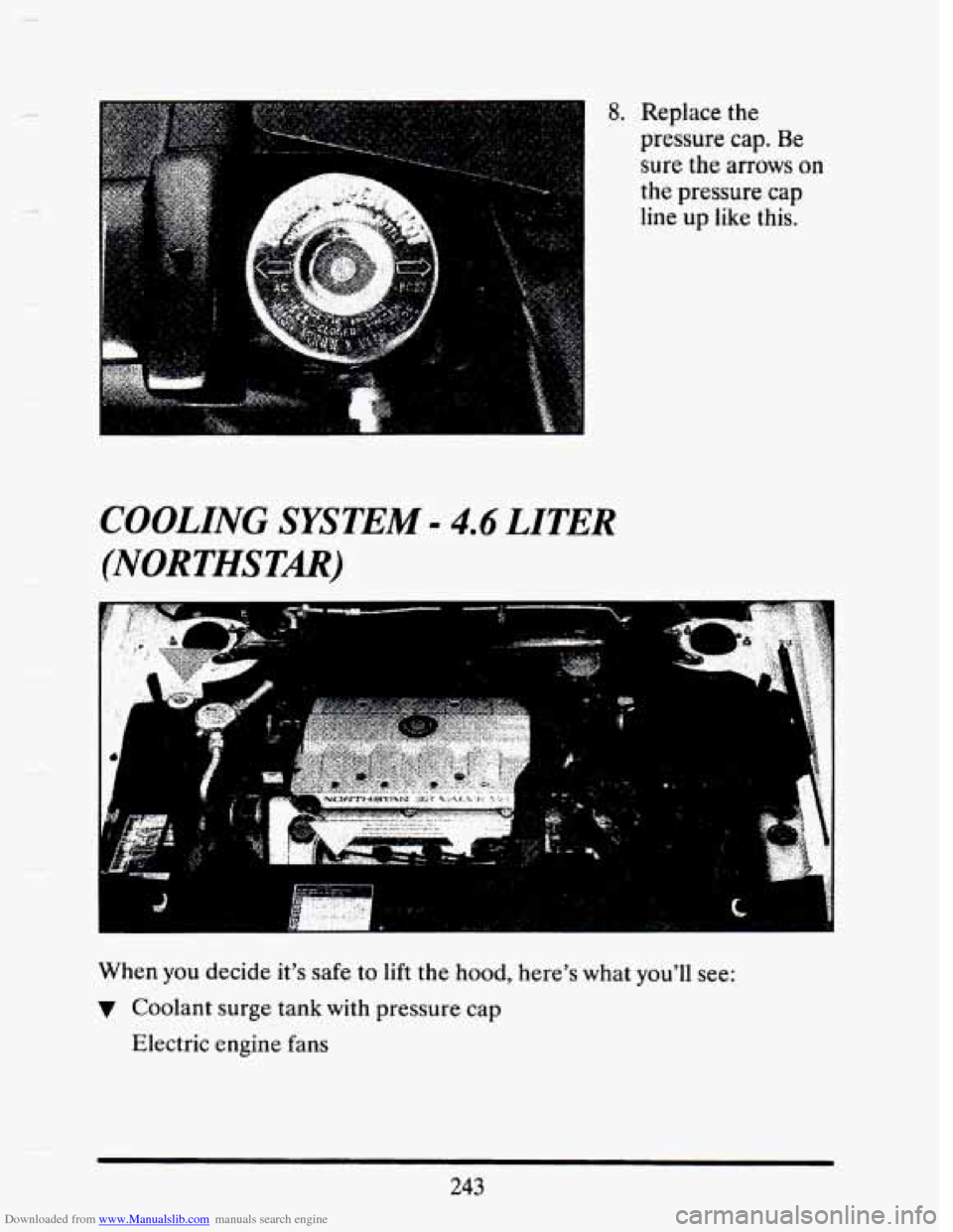 CADILLAC SEVILLE 1993 4.G User Guide Downloaded from www.Manualslib.com manuals search engine - 
8. Replace the 
pressure cap. Be 
sure the arrows on 
the pressure  cap 
line up like this. 
COOLING SYSTEM= 4.6 LITER 
(NORTHSTAR) 
i 
When