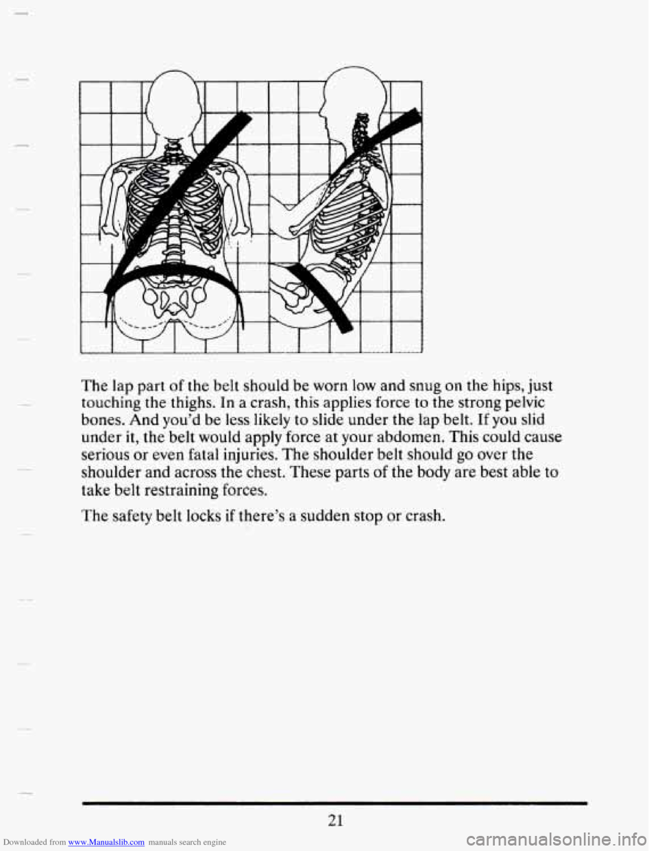 CADILLAC SEVILLE 1993 4.G Owners Guide Downloaded from www.Manualslib.com manuals search engine The  lap part of the belt  should  be worn low and  snug on the hips,  just 
touching  the thighs.  In a  crash,  this applies  force  to 
the 