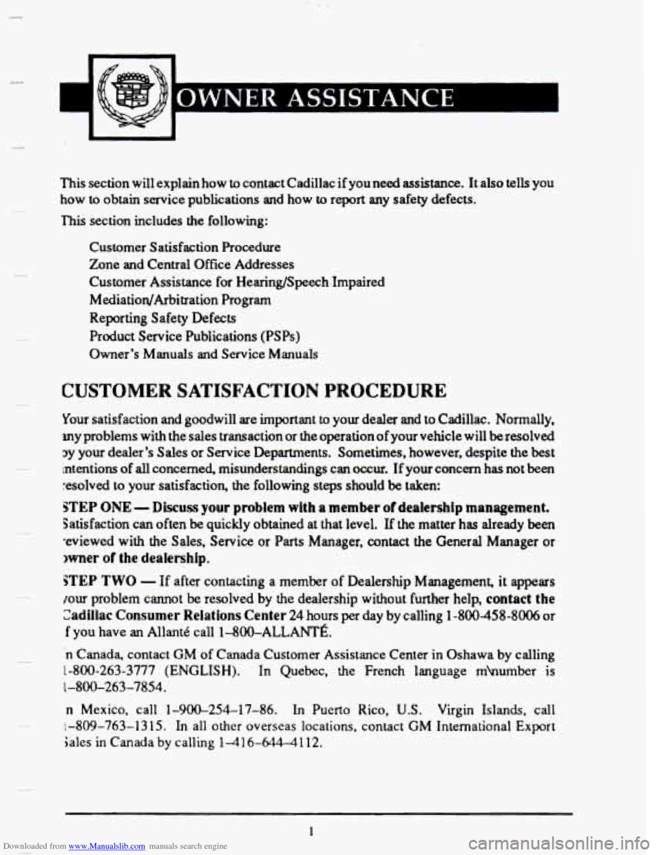 CADILLAC SEVILLE 1993 4.G Owners Manual Downloaded from www.Manualslib.com manuals search engine OWNER ASSISTANCE 
This  section  will  explainhow to contact  Cadillac  if youneed assistance. It also tells you 
how 
to obtain  service  publ