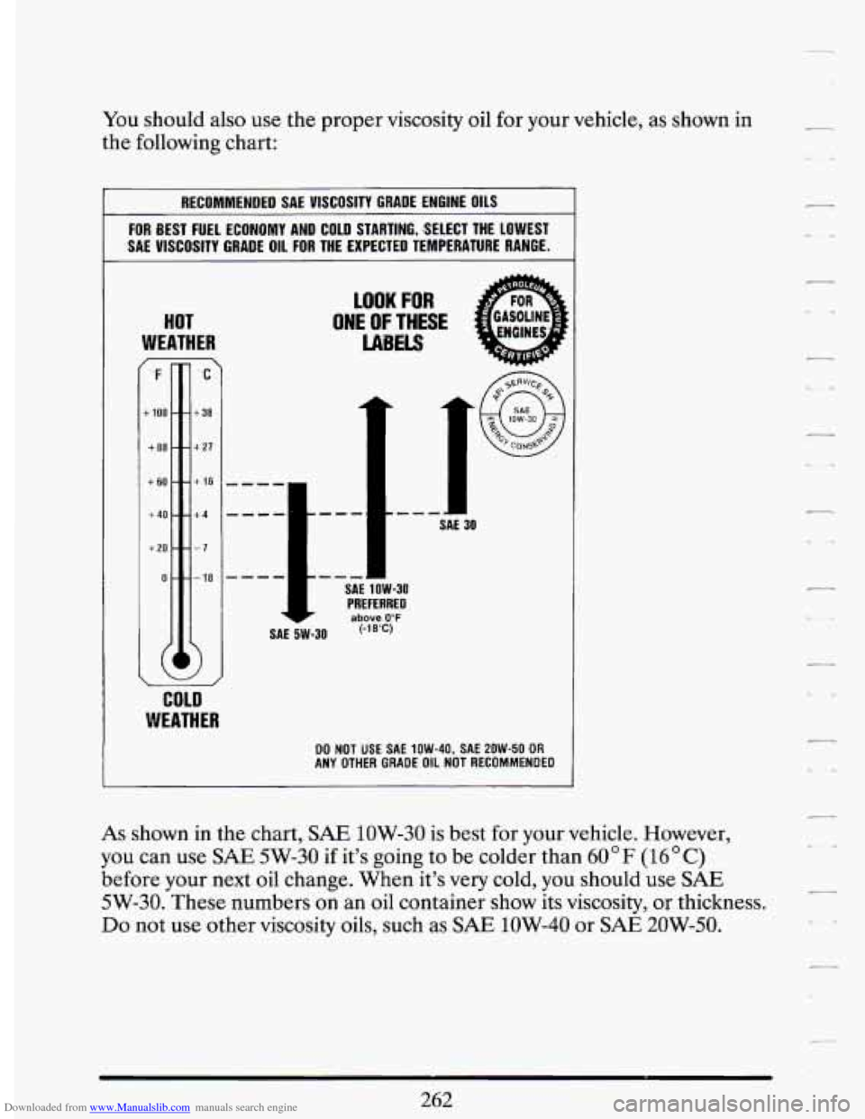 CADILLAC DEVILLE 1994 7.G Owners Manual Downloaded from www.Manualslib.com manuals search engine You should also use the proper viscosity oil for your vehicle, as shown in
the following chart:
RECOMMENDED SAE VISCOSITY GRADE E CADILLAC DEVILLE 1994 7.G Owners Manual Downloaded from www.Manualslib.com manuals search engine You should also use the proper viscosity oil for your vehicle, as shown in
the following chart:
RECOMMENDED SAE VISCOSITY GRADE E