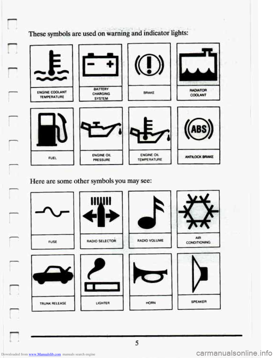 CADILLAC ELDORADO 1994 10.G Owners Manual Downloaded from www.Manualslib.com manuals search engine r 
t t. 
i 
i 
r 
r 
r 
r 
r 
r 
r 
I FUEL I 
ENGINE OIL TEMPERATURE 
Here  .are  some  other symbols you may see: 
3L 
.- - I I SPEAKER 
f . .