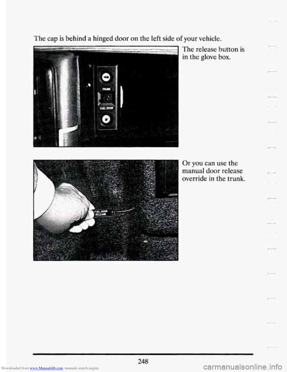 CADILLAC ELDORADO 1994 10.G Owners Manual Downloaded from www.Manualslib.com manuals search engine The cap is behind a hinged door on the left side of your vehicle.
The release
in the glove
button is
box.
Or you can use the
man CADILLAC ELDORADO 1994 10.G Owners Manual Downloaded from www.Manualslib.com manuals search engine The cap is behind a hinged door on the left side of your vehicle.
The release
in the glove
button is
box.
Or you can use the
man