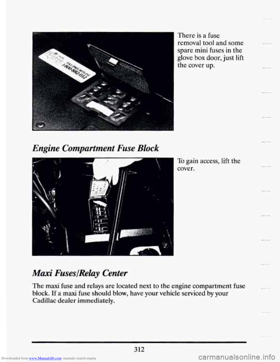 CADILLAC ELDORADO 1994 10.G Owners Manual Downloaded from www.Manualslib.com manuals search engine There is a fuse
removal tool and some
spare
mini fuses in the
glove box door, just
lift
the cover up.
hgine Compartment Fuse Bl CADILLAC ELDORADO 1994 10.G Owners Manual Downloaded from www.Manualslib.com manuals search engine There is a fuse
removal tool and some
spare
mini fuses in the
glove box door, just
lift
the cover up.
hgine Compartment Fuse Bl