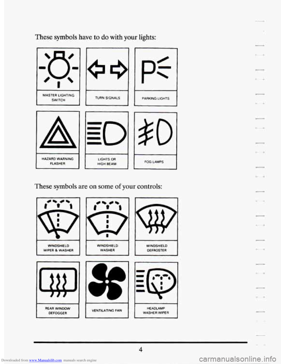 CADILLAC SEVILLE 1994 4.G User Guide Downloaded from www.Manualslib.com manuals search engine These symbols have to do with your lights:
pf
I PARKING LIGHTS r3
TURN SIGNALS
MASTER LIGHTING
SWITCH
A 50
I FOG LAMPS
HAZARD WA CADILLAC SEVILLE 1994 4.G User Guide Downloaded from www.Manualslib.com manuals search engine These symbols have to do with your lights:
pf
I PARKING LIGHTS r3
TURN SIGNALS
MASTER LIGHTING
SWITCH
A 50
I FOG LAMPS
HAZARD WA