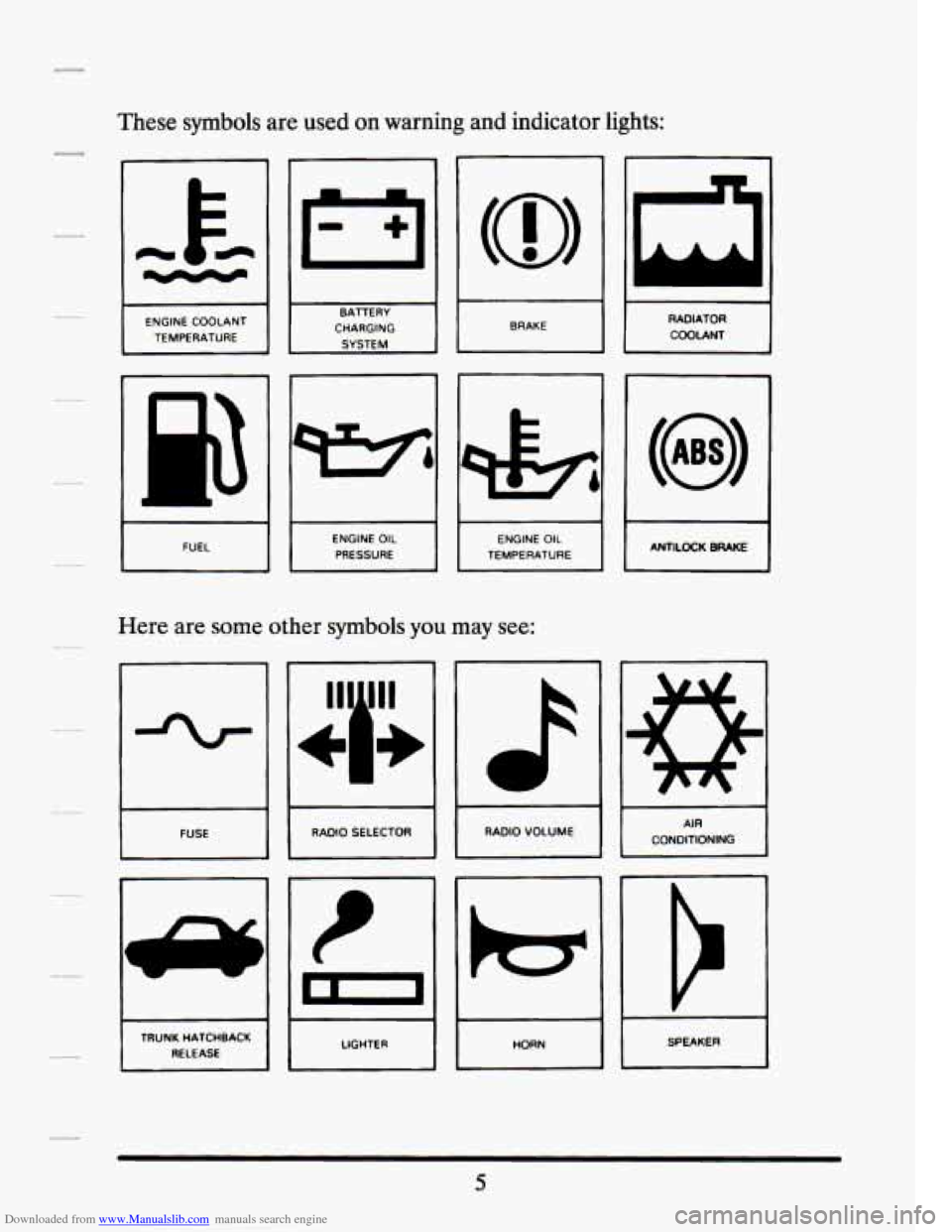 CADILLAC SEVILLE 1994 4.G Owners Manual Downloaded from www.Manualslib.com manuals search engine These  symbols  are  used on warning  and  indicator  lights: 
1-1 
I I BRAKE I I 
RADIATOR 
COOLANT 
I 
ENGINE  COOLANT  TEMPERATURE I CHARGIN