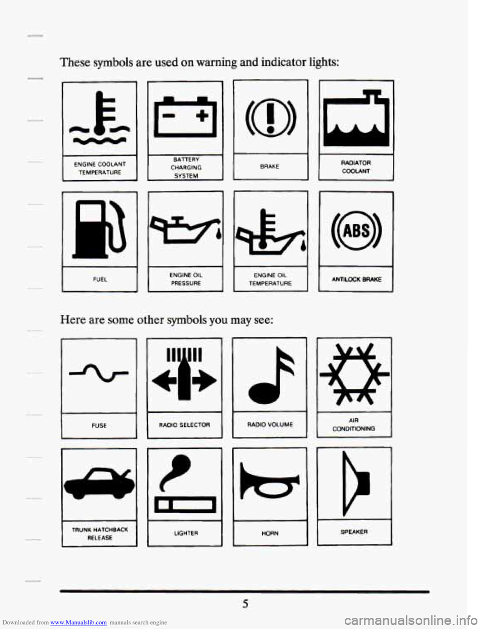 CADILLAC SEVILLE 1994 4.G User Guide Downloaded from www.Manualslib.com manuals search engine These  symbols  are  used on warning  and  indicator  lights: 
1-1 
I I BRAKE I I 
RADIATOR 
COOLANT 
I 
ENGINE  COOLANT  TEMPERATURE I CHARGIN