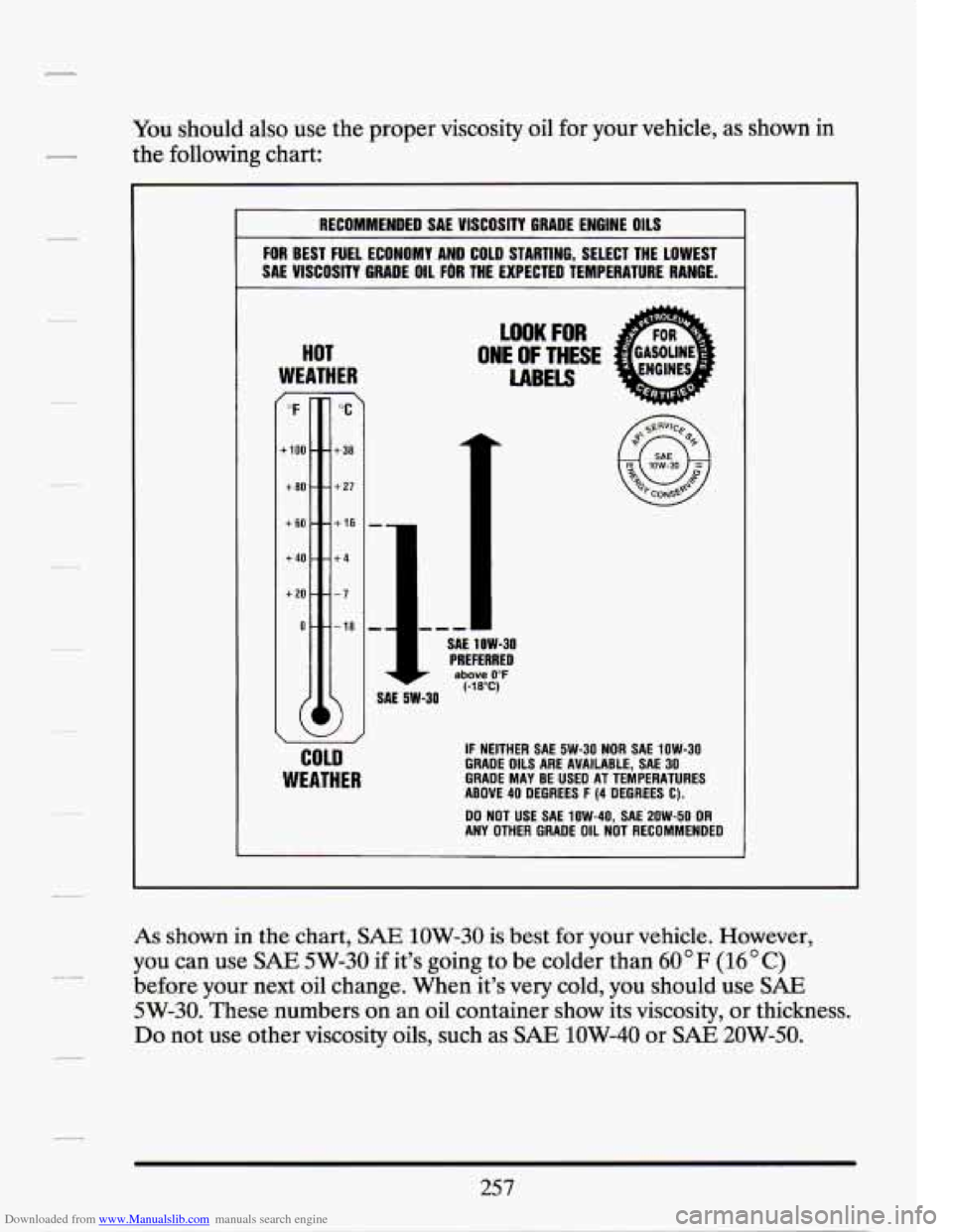 CADILLAC SEVILLE 1994 4.G Owners Manual Downloaded from www.Manualslib.com manuals search engine You should  also  use  the  proper viscosity oil for your  vehicle, as shown  in 
the  following  chart: 
RECOMMENDED  SAE  VISCOSITY GRADE ENG