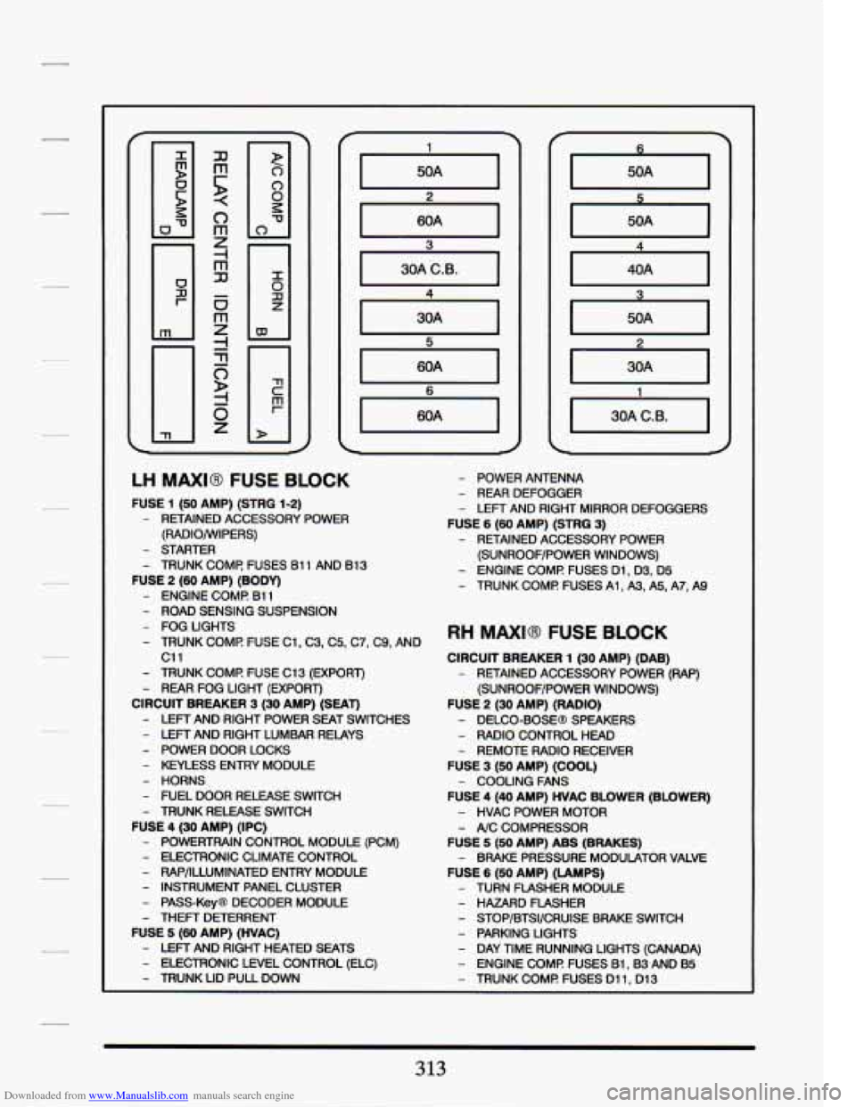 CADILLAC SEVILLE 1994 4.G Owners Manual Downloaded from www.Manualslib.com manuals search engine 60A I 
LH MAXI8 FUSE BLOCK 
FUSE  1 (50 AMP) (STRG 1-2) 
- RETAINED  ACCESSORY  POWER 
(RADIO/WIPERS) 
- STARTER 
- TRUNK  COMF!  FUSES 61 1  A