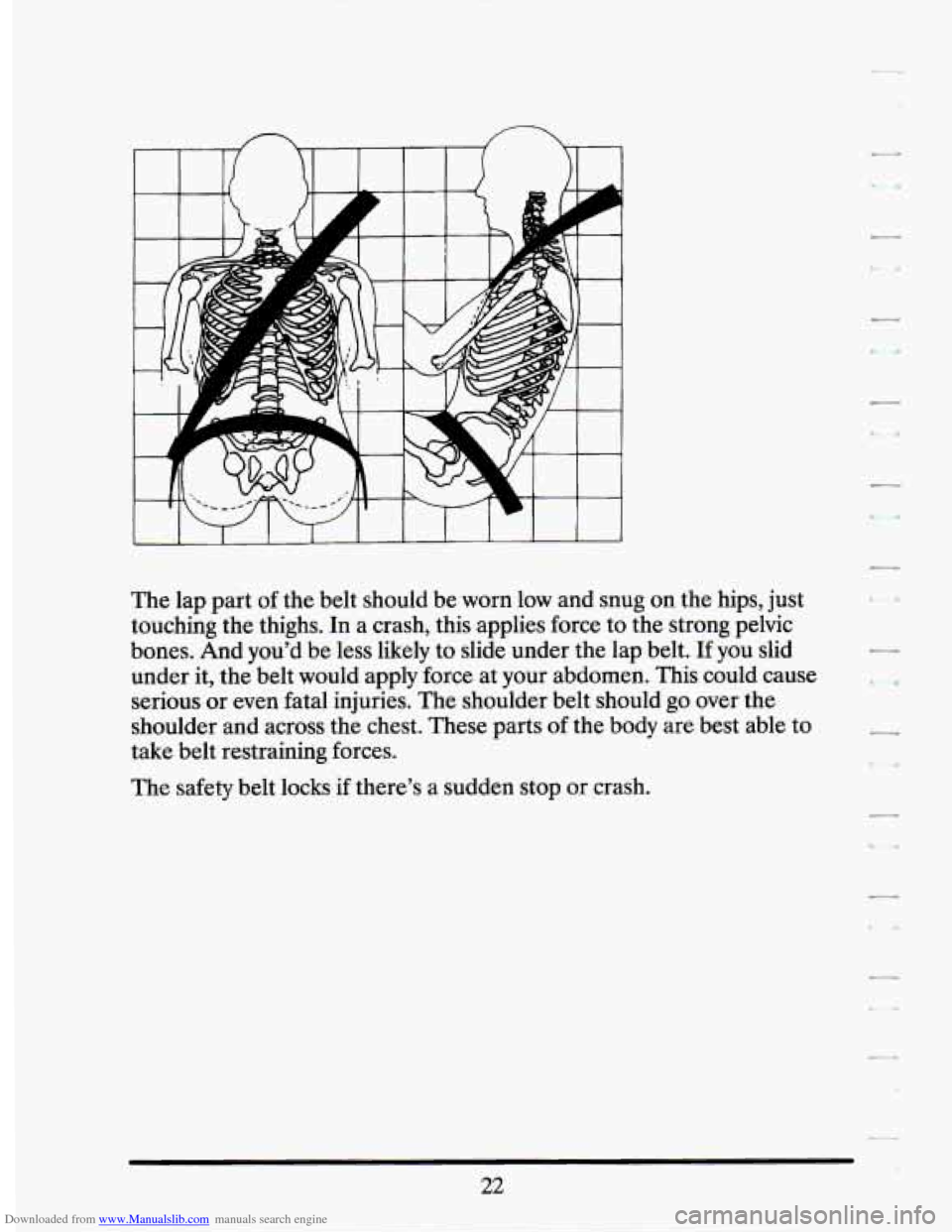 CADILLAC SEVILLE 1994 4.G Owners Guide Downloaded from www.Manualslib.com manuals search engine n 
I I I I I I  I I I I I 
The lap part  of the belt  should  be  worn  low and  snug  on the hips, just 
touching  the thighs.  In a crash, th