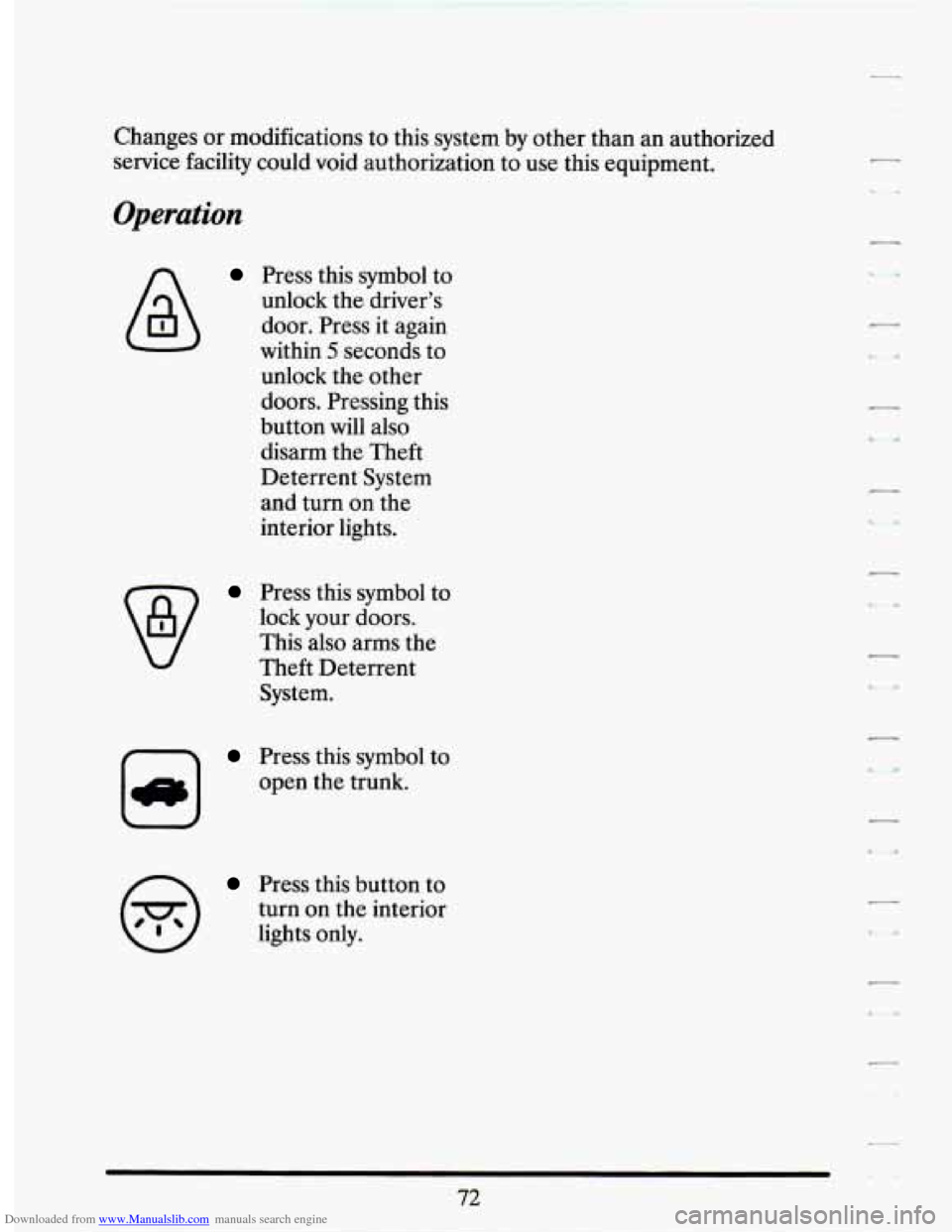 CADILLAC SEVILLE 1994 4.G Manual Online Downloaded from www.Manualslib.com manuals search engine Changes or modifications to this system by other than an authorized
service facility could void authorization to use this equipment CADILLAC SEVILLE 1994 4.G Manual Online Downloaded from www.Manualslib.com manuals search engine Changes or modifications to this system by other than an authorized
service facility could void authorization to use this equipment