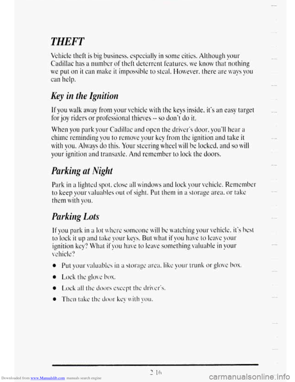 CADILLAC DEVILLE 1995 7.G Owners Manual Downloaded from www.Manualslib.com manuals search engine THEFT 
Key ilz the Ignition 
Parking at Night 
Parking Lots   