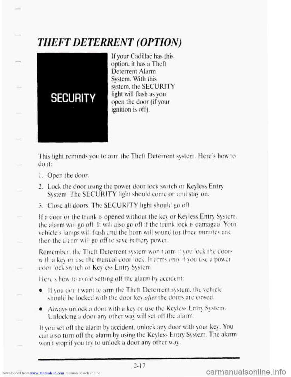 CADILLAC DEVILLE 1995 7.G Manual Online Downloaded from www.Manualslib.com manuals search engine c 
THEFT DETERRENT (OPTION)   