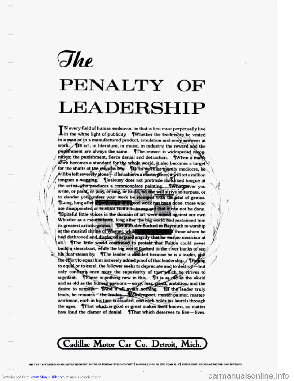 CADILLAC ELDORADO 1995 10.G Owners Manual Downloaded from www.Manualslib.com manuals search engine PENALTY OF 
LEADERSHIP 
(CadLC &tor Car Co. Demit, Mich.) 
HIS TUIT APPEARED CJ AN ADVERTISEMENT M THK SATURDAY EVENINO POST n JANUARY ZND. IN 
