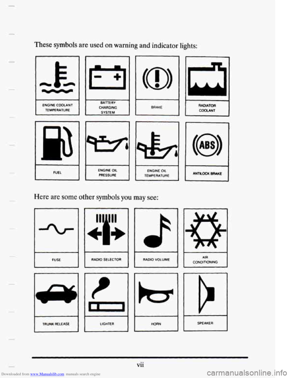 CADILLAC ELDORADO 1995 10.G User Guide Downloaded from www.Manualslib.com manuals search engine These symbols are used on warning  and  indicator lights: 
1- I 
I -1 BRAKE I  I 
ENGINE  COOLANT 
TEMPERATURE  RADIATOR 
COOLANT 
1 CHARGING 
