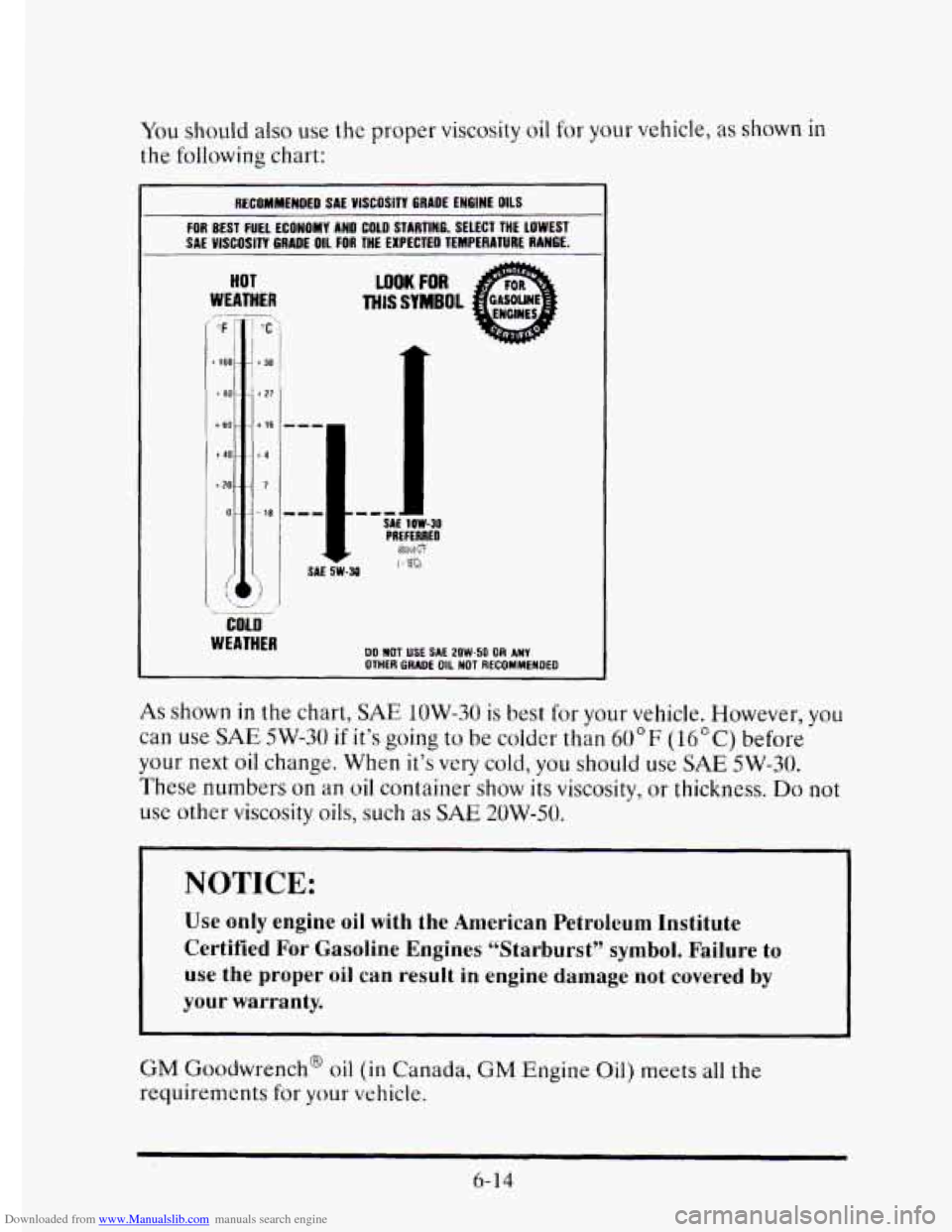 CADILLAC ELDORADO 1995 10.G Owners Manual Downloaded from www.Manualslib.com manuals search engine You should also use the proper viscosity oil for your vehicle, as shown in
the following chart:
I RECOMMENDED SAE YISCOSITY GRADE ENGINE CADILLAC ELDORADO 1995 10.G Owners Manual Downloaded from www.Manualslib.com manuals search engine You should also use the proper viscosity oil for your vehicle, as shown in
the following chart:
I RECOMMENDED SAE YISCOSITY GRADE ENGINE