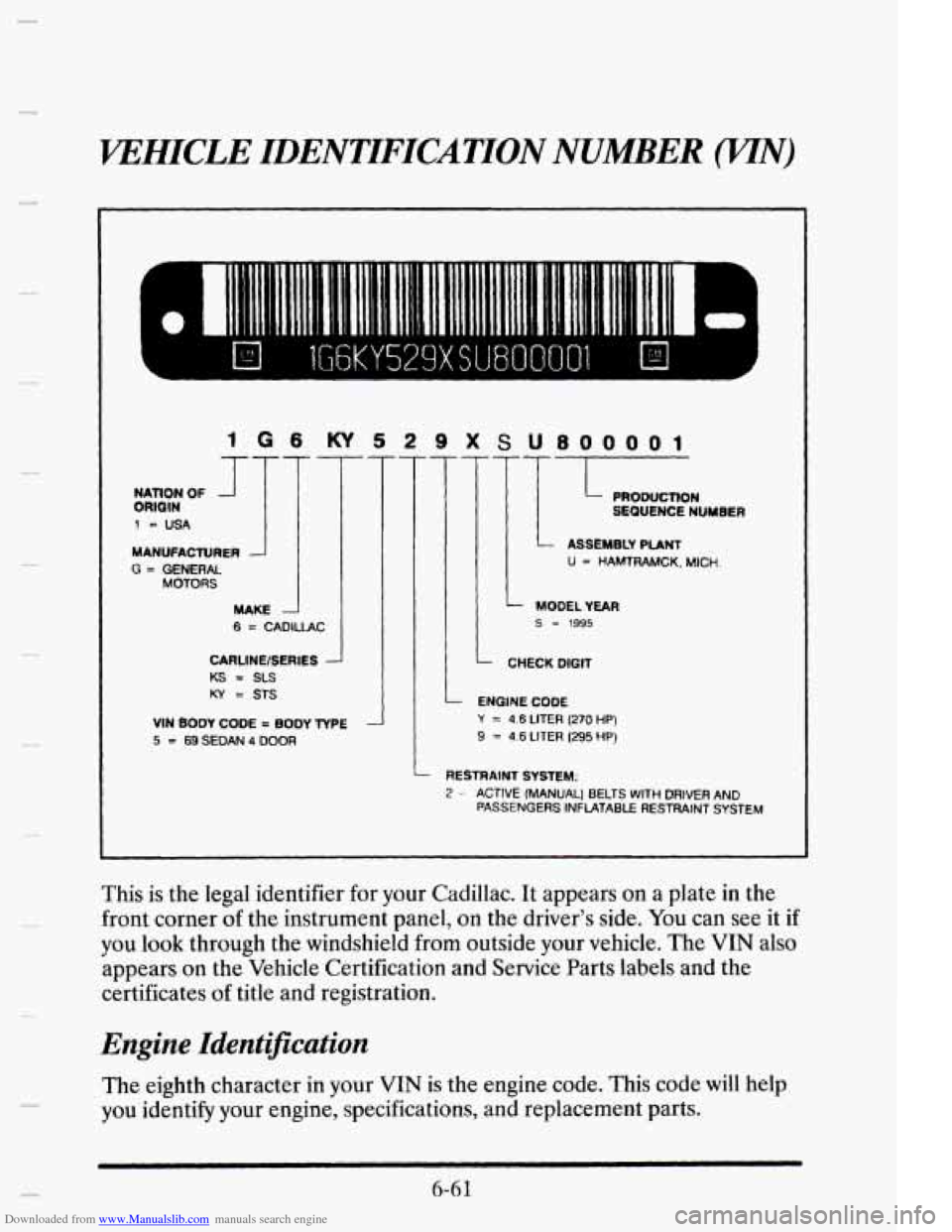 CADILLAC ELDORADO 1995 10.G Owners Manual Downloaded from www.Manualslib.com manuals search engine VEHICLE IDENTIFICATION NUMBER (UN) 
1 G 6 KY 5 2 9 X S U800001 
MANUFACTURER 
G = GENERAL MOTORS 
MAKE 
6 = CADIUAC 
CARLlNElSEAlCS - 
KS = SLS