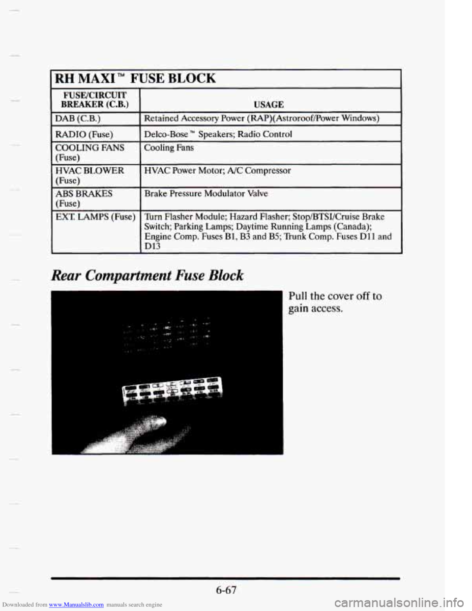 CADILLAC ELDORADO 1995 10.G Owners Manual Downloaded from www.Manualslib.com manuals search engine RH MAXI" FUSE BLOCK I ~~ 
FUSE/CIRCUIT 
BREAKER  (C.B.) 
DAB (C.B.) 
RADIO (Fuse) 
COOLING 
FANS 
(Fuse) 
HVAC  BLOWER 
(Fuse) 
ABS  BRAKES  (F