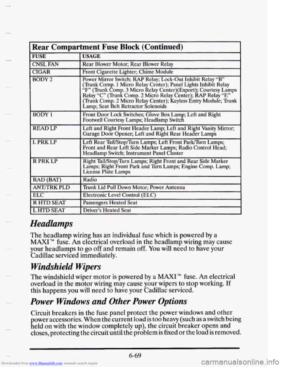 CADILLAC ELDORADO 1995 10.G Owners Manual Downloaded from www.Manualslib.com manuals search engine CNSL FAN 
CIGAR 
BODY 2 
r 
L PRK LP 
I 
R PRK  LP 
I RAD (BAT) 
I ANT/TRK PLD 
Rear Compartment  Fuse Block (Continued) 1 
FUSE c 
m 
I. 
-. 
