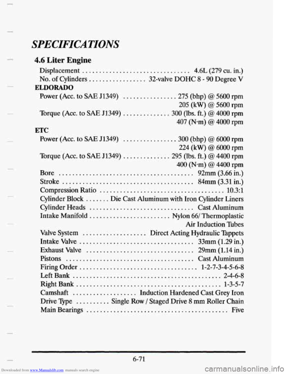 CADILLAC ELDORADO 1995 10.G Owners Manual Downloaded from www.Manualslib.com manuals search engine SPECIFICATIONS 
4.6 Liter Engine 
Displacement ................................ 4.6L (279 cu.  in.) 
No. of Cylinders ................. 32-valv