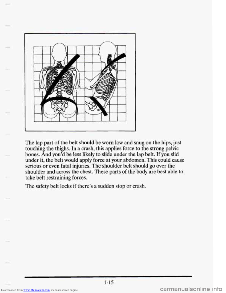 CADILLAC ELDORADO 1995 10.G Owners Guide Downloaded from www.Manualslib.com manuals search engine The  lap  part of the belt  should  be  worn low and snug on the hips,  just 
touching  the thighs. 
In a crash,  this  applies  force  to  the