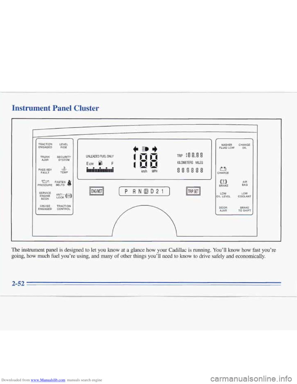 CADILLAC FLEETWOOD 1995 2.G Owners Manual Downloaded from www.Manualslib.com manuals search engine Instrument  Panel  CIuster 
TRACTION LEVEL 
ENGAGED RIDE 
TRUNK  SECURITY 
AJAR  SYSTEM 
PASS 
KEY FAULT  TEMP -k - 
957; FASTEN 
PRESSURE  BEL