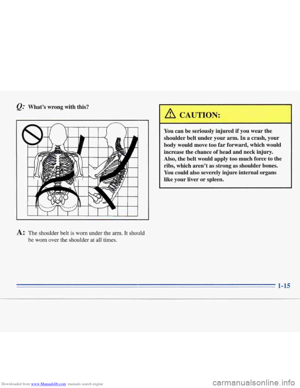 CADILLAC FLEETWOOD 1995 2.G Owners Manual Downloaded from www.Manualslib.com manuals search engine &: What’s  wrong  with this? 
A: The  shoulder belt is worn under the arm. It should 
be 
worn over  the  shoulder  at all times. 
A CAUTION: