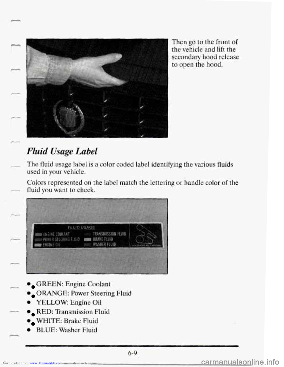 CADILLAC SEVILLE 1995 4.G Owners Manual Downloaded from www.Manualslib.com manuals search engine c
Then go to the front of
the vehicle and lift the
secondary hood release
to open the hood.
Fluid Usage Label
The fluid usage lab CADILLAC SEVILLE 1995 4.G Owners Manual Downloaded from www.Manualslib.com manuals search engine c
Then go to the front of
the vehicle and lift the
secondary hood release
to open the hood.
Fluid Usage Label
The fluid usage lab