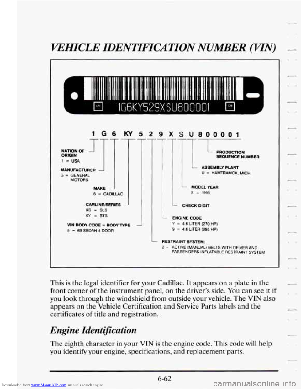 CADILLAC SEVILLE 1995 4.G Owners Manual Downloaded from www.Manualslib.com manuals search engine W3HICLE IDENTIFICATION NUMBER (WN)
lG6KY529XSU800001 A
1 G 6 KY 5 2 9 X S U800001
7
-
NATION OF ORIGIN
1 E. USA
MANUFACTURER
G = GENE CADILLAC SEVILLE 1995 4.G Owners Manual Downloaded from www.Manualslib.com manuals search engine W3HICLE IDENTIFICATION NUMBER (WN)
lG6KY529XSU800001 A
1 G 6 KY 5 2 9 X S U800001
7
-
NATION OF ORIGIN
1 E. USA
MANUFACTURER
G = GENE