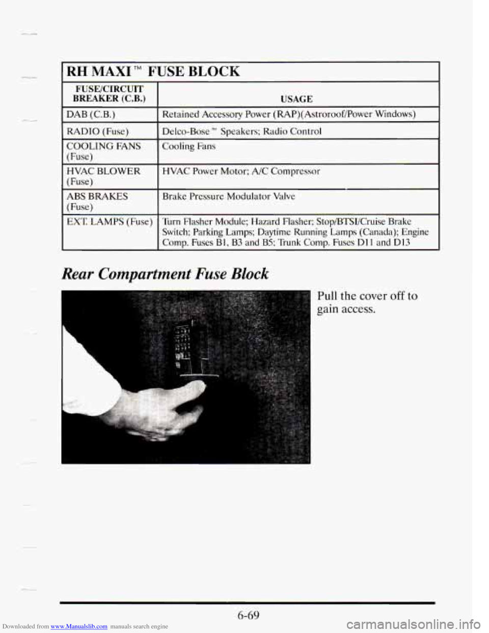 CADILLAC SEVILLE 1995 4.G Owners Manual Downloaded from www.Manualslib.com manuals search engine .--
RH MAXI TM FUSE BLOCK
FUSE/CIRCUIT
BREAKER (C.B.) USAGE
DAB (C.B.) Retained Accessory Power (RAP)(Astroroof/Power Windows)
RADI CADILLAC SEVILLE 1995 4.G Owners Manual Downloaded from www.Manualslib.com manuals search engine .--
RH MAXI TM FUSE BLOCK
FUSE/CIRCUIT
BREAKER (C.B.) USAGE
DAB (C.B.) Retained Accessory Power (RAP)(Astroroof/Power Windows)
RADI