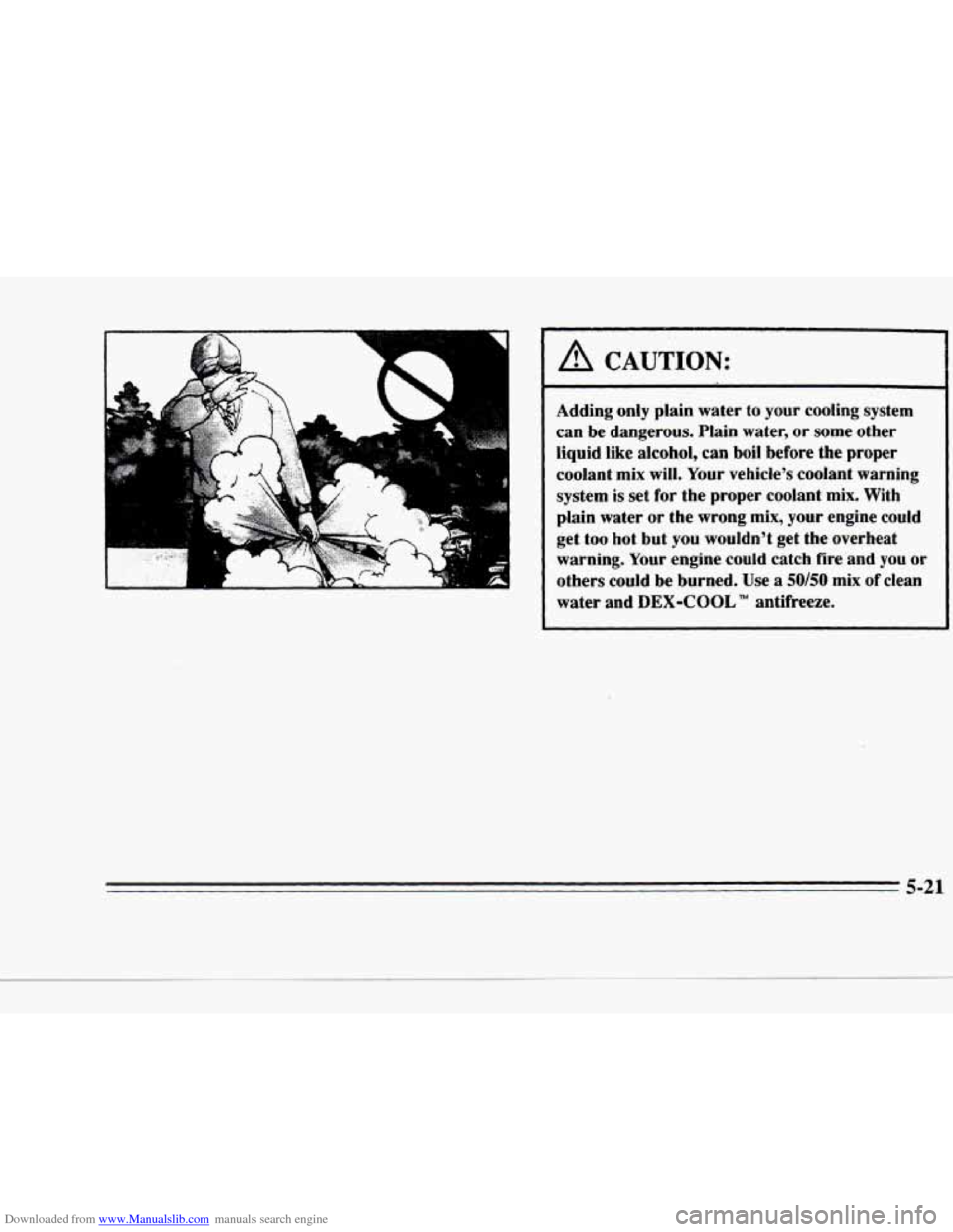 CADILLAC DEVILLE 1996 7.G User Guide Downloaded from www.Manualslib.com manuals search engine c 
A CAUTION: 
Adding only plain  water  to your  cooling  system 
can  be dangerous.  Plain  water, or some  other 
liquid  like  alcohol, 
ca