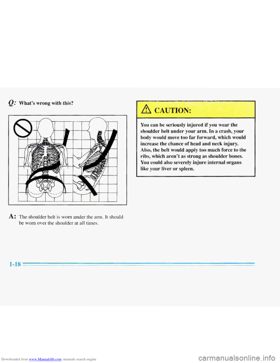 CADILLAC ELDORADO 1996 10.G Owners Guide Downloaded from www.Manualslib.com manuals search engine @ What’s  wrong  with  this? 
I I I 1 I 1 I  I I  I I I 
A: The shoulder  belt is worn  under the am. It should 
be worn over  the  shoulder 