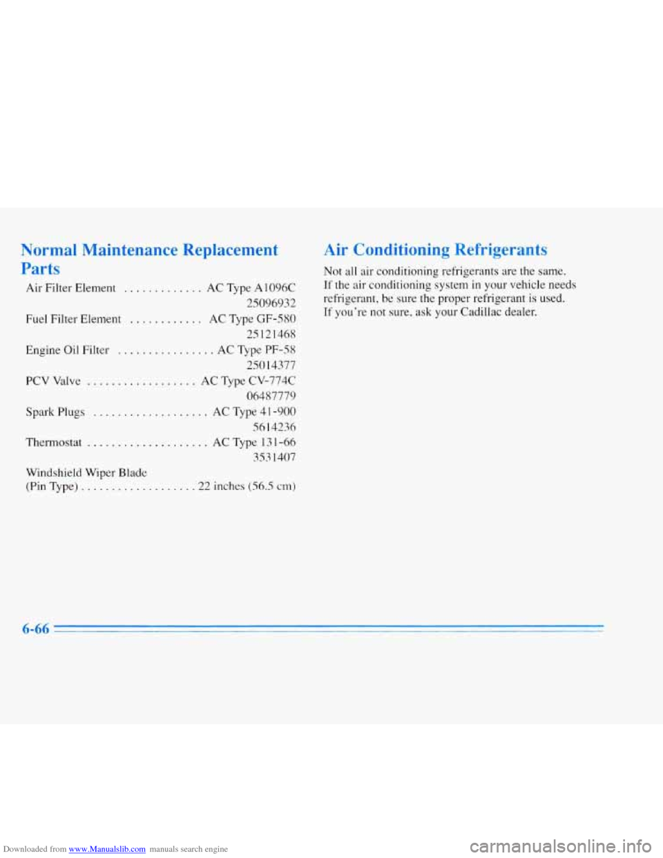 CADILLAC ELDORADO 1996 10.G Owners Manual Downloaded from www.Manualslib.com manuals search engine Normal Maintenance Replacement 
Parts 
Air Filter Element . . , . . ...... AC Type A1096C 
25096932 
Fuel Filter Element ............ AC Type G