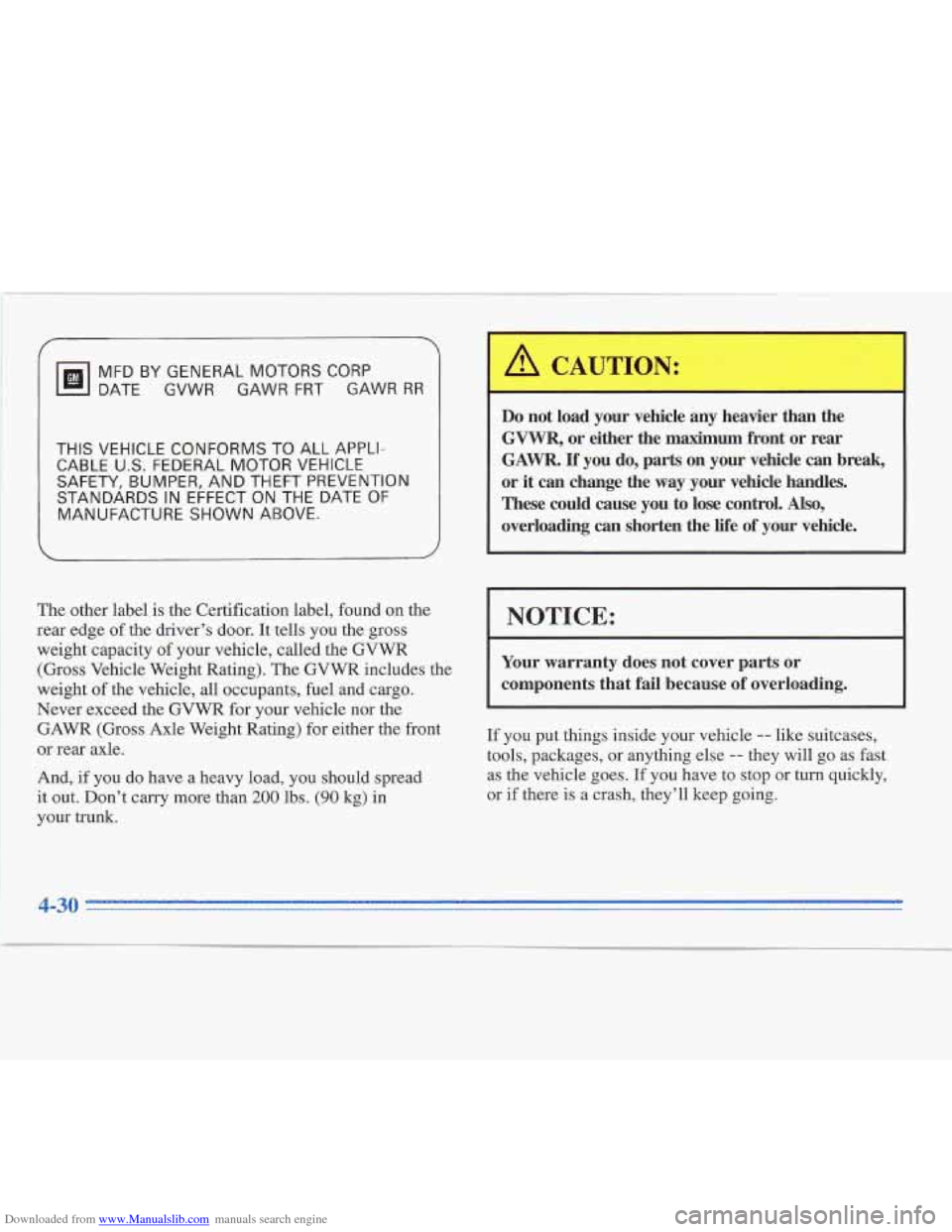 CADILLAC FLEETWOOD 1996 2.G Owners Manual Downloaded from www.Manualslib.com manuals search engine MFDBYGENERALMOTORSCORP 
DATE GVWR  GAWR 
FRT GAWR RR 
THIS VEHICLE CONFORMS TO ALL APPLI- 
CABLE U.S. FEDERAL MOTOR VEHICLE 
SAFETY,  BUMPER,  