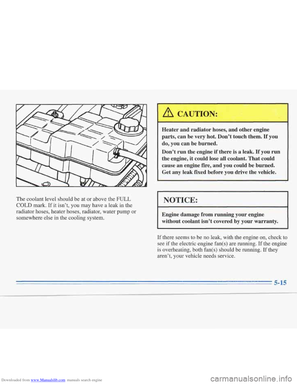 CADILLAC FLEETWOOD 1996 2.G Owners Manual Downloaded from www.Manualslib.com manuals search engine The coolant  level should  be  at or above the FULL 
COLD mark.  If  it isn’t,  you  may  have a leak  in  the 
radiator hoses, heater hoses,