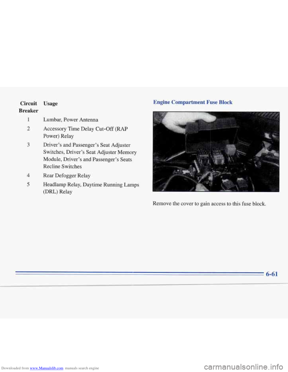 CADILLAC FLEETWOOD 1996 2.G Owners Manual Downloaded from www.Manualslib.com manuals search engine Circuit  Usage 
Breaker 
1 Lumbar, Power Antenna 
2 
3 
4 
5 
Accessory Time Delay Cut-Off (RAP 
Power) Relay 
Driver’s and  Passenger’s  S