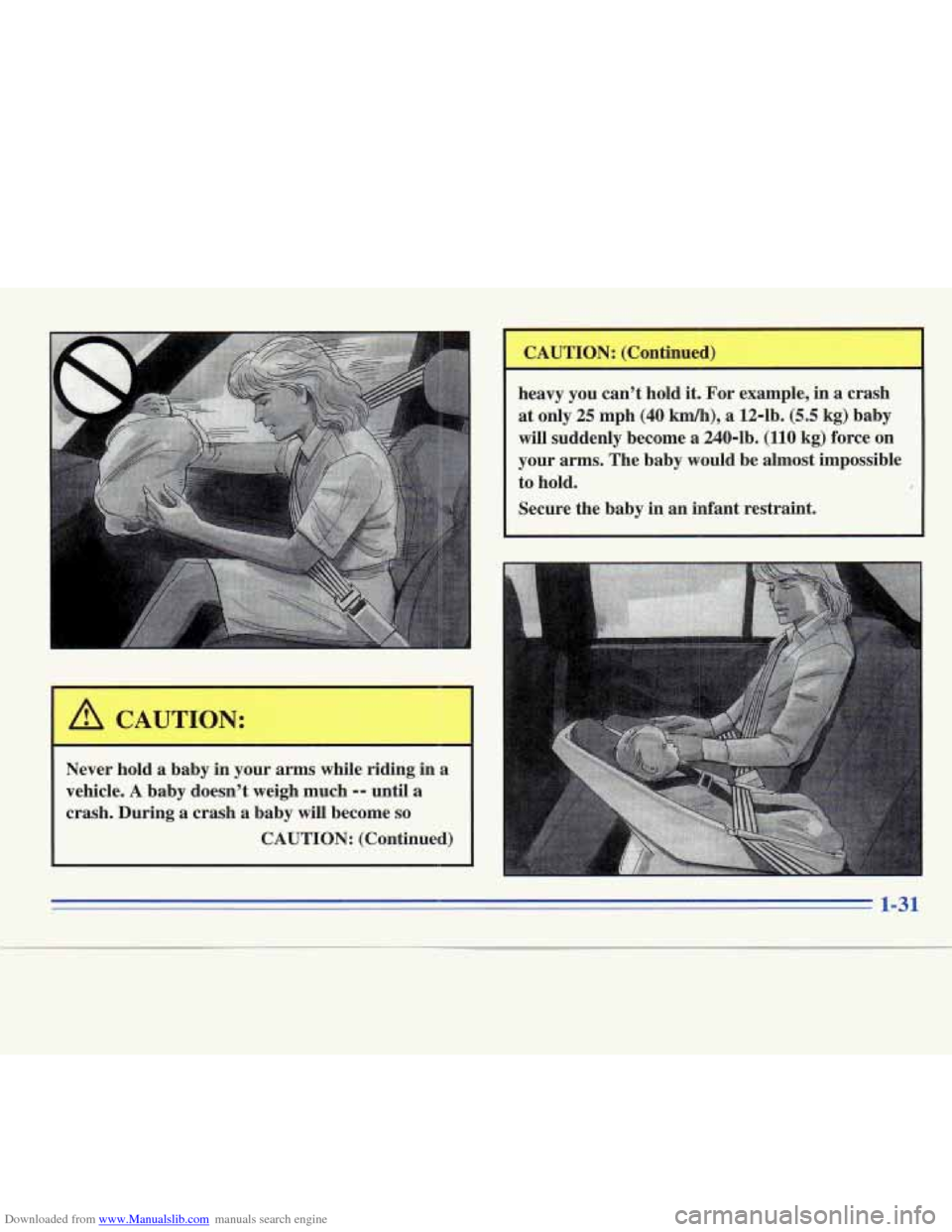 CADILLAC FLEETWOOD 1996 2.G Service Manual Downloaded from www.Manualslib.com manuals search engine Never  hold  a  baby  in  your  arms  while  riding  in  a 
vehicle. 
A baby  doesnt  weigh  much -- until  a 
crash.  During  a  crash  a  ba