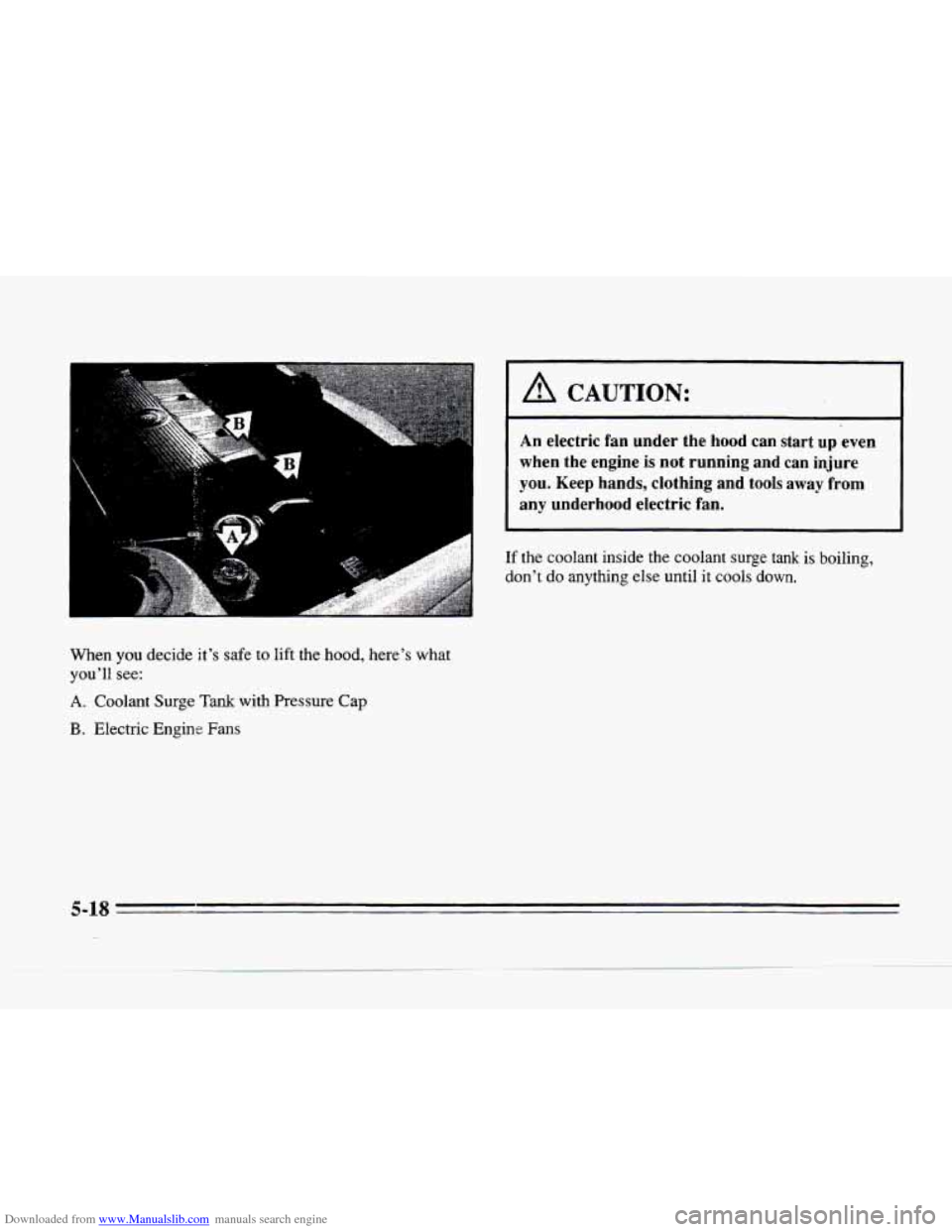 CADILLAC SEVILLE 1996 4.G Owners Manual Downloaded from www.Manualslib.com manuals search engine When you decide its  safe  to lift  the  hood,  heres  what 
youll see: 
A. Coolant  Surge Tank with  Pressure Cap 
B. Electric Engine Fans 